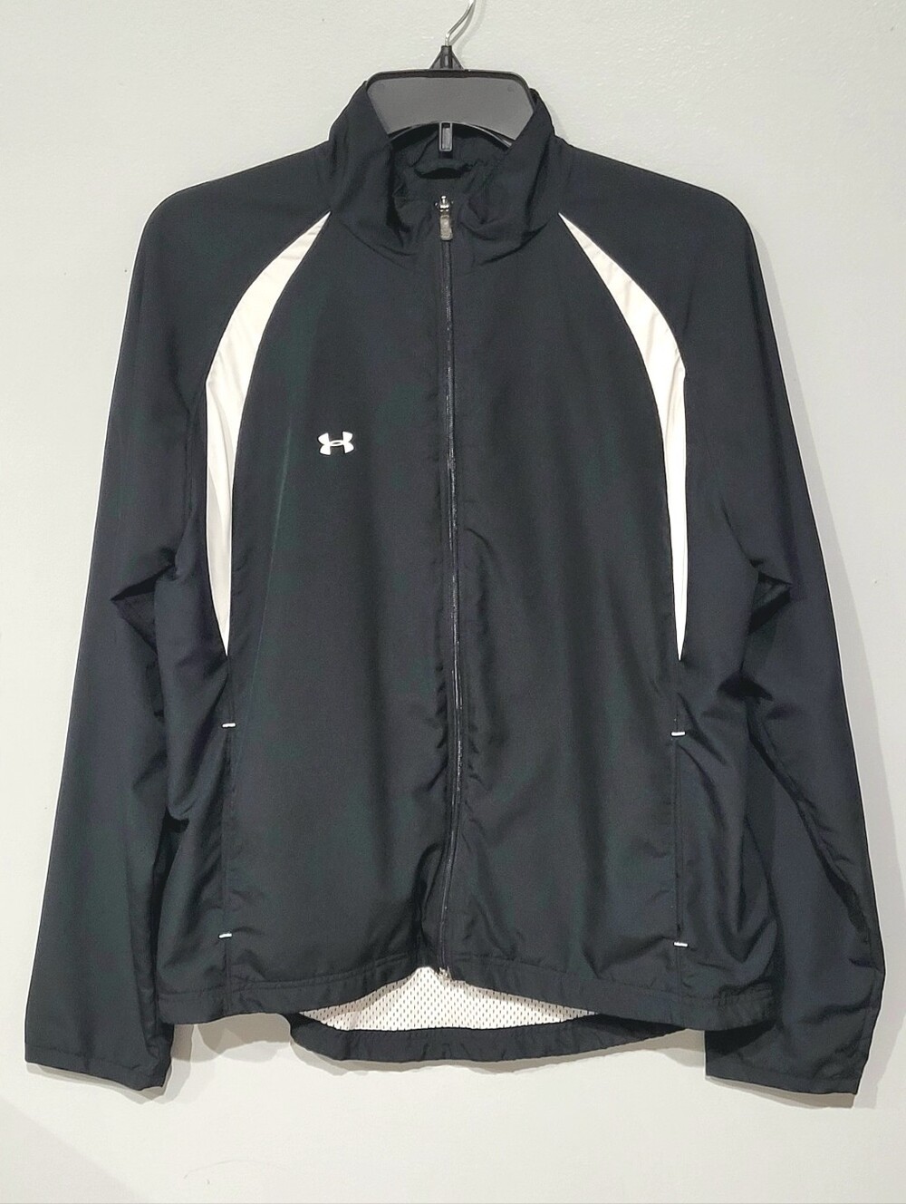 Under Armour Track Jacket Black White M Mock Neck Raglan Sleeve Full Zip Lined